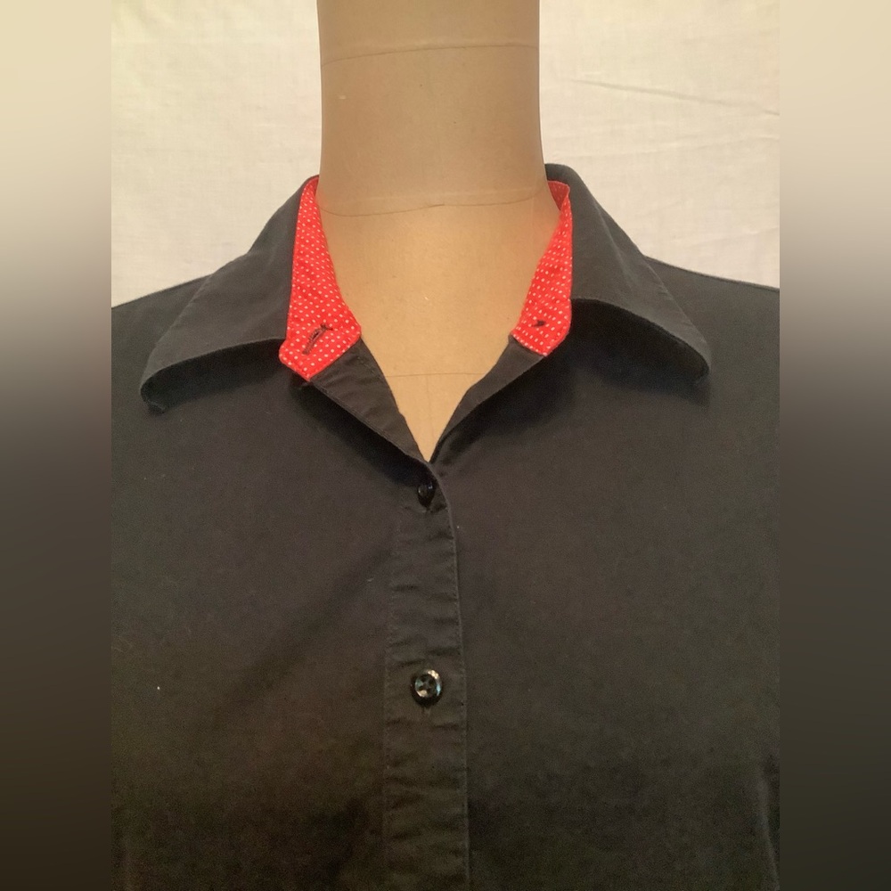 Women's Large Black Button-Up Shirt with Red Polka Dot Collar Accent - Picture 2 of 12